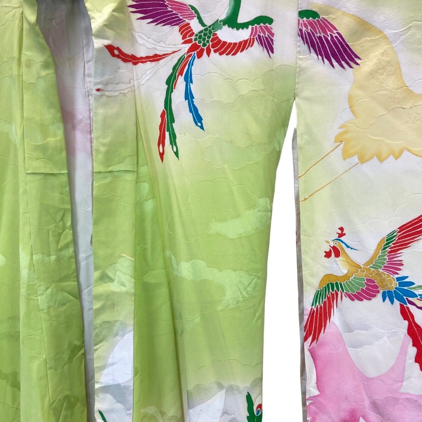 Vintage 70s 80s Green Silk Floral Bird Cloud Pattern Komon Showa Kimono 16 18 L