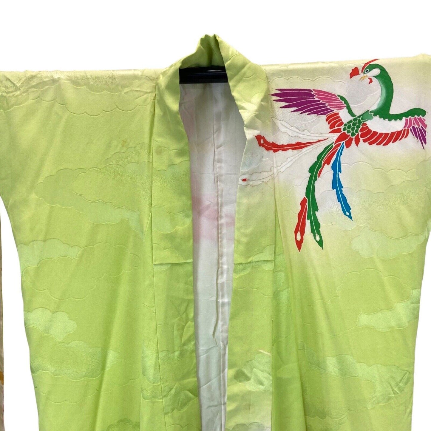 Vintage 70s 80s Green Silk Floral Bird Cloud Pattern Komon Showa Kimono 16 18 L