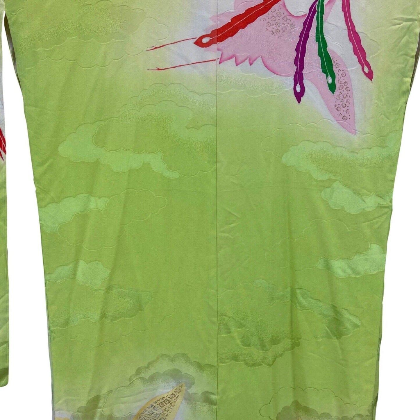 Vintage 70s 80s Green Silk Floral Bird Cloud Pattern Komon Showa Kimono 16 18 L