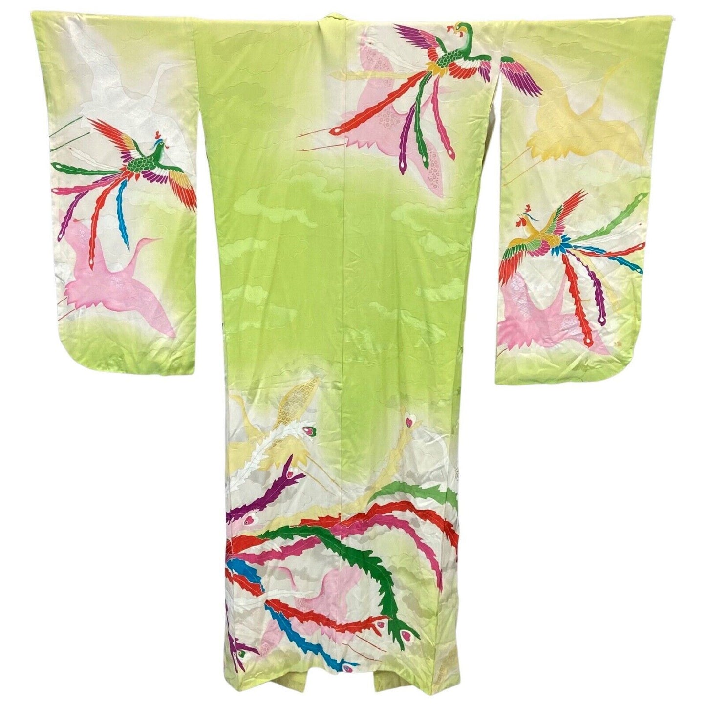 Vintage 70s 80s Green Silk Floral Bird Cloud Pattern Komon Showa Kimono 16 18 L