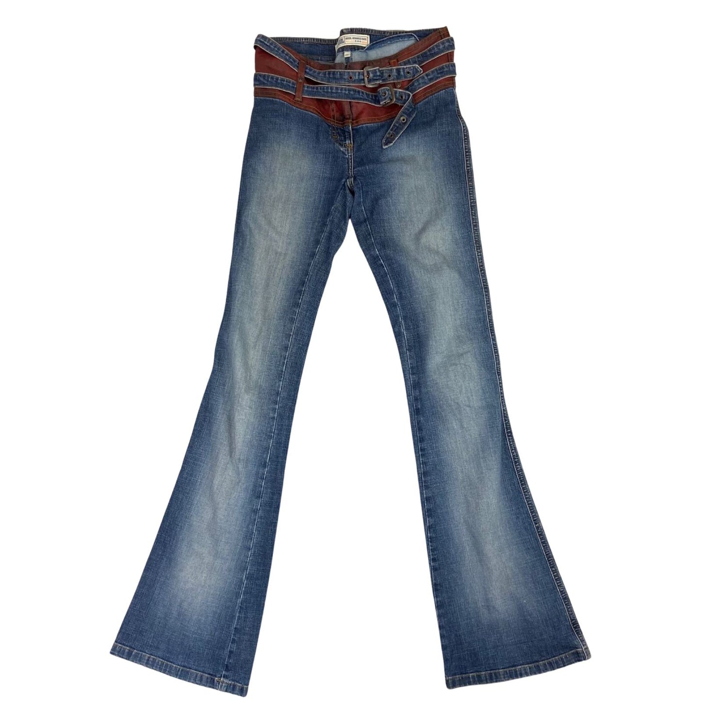 Vintage 00s Y2K Blue Red Mogul Flared Low Waist Jeans Contrast Waistband S 8/10