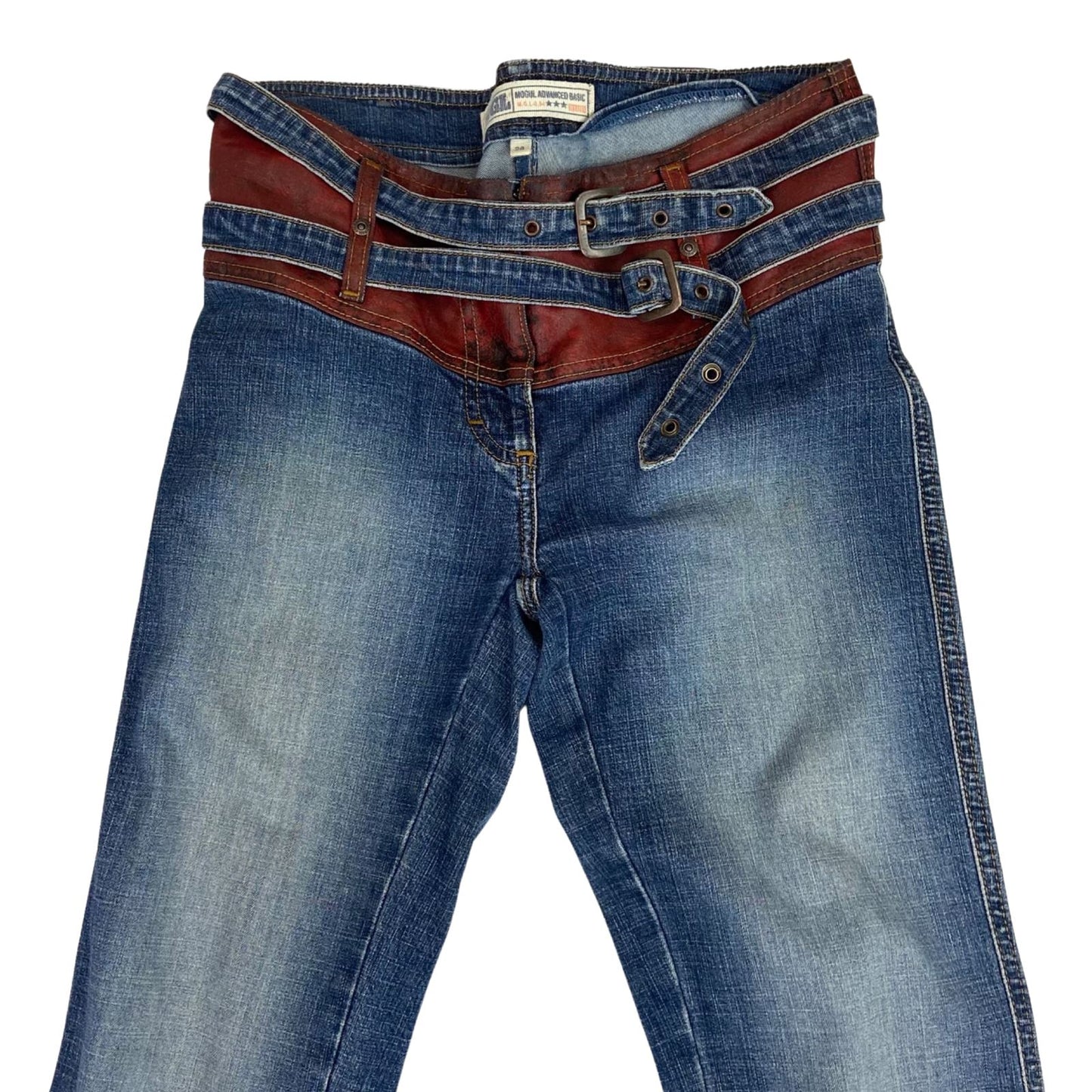 Vintage 00s Y2K Blue Red Mogul Flared Low Waist Jeans Contrast Waistband S 8/10