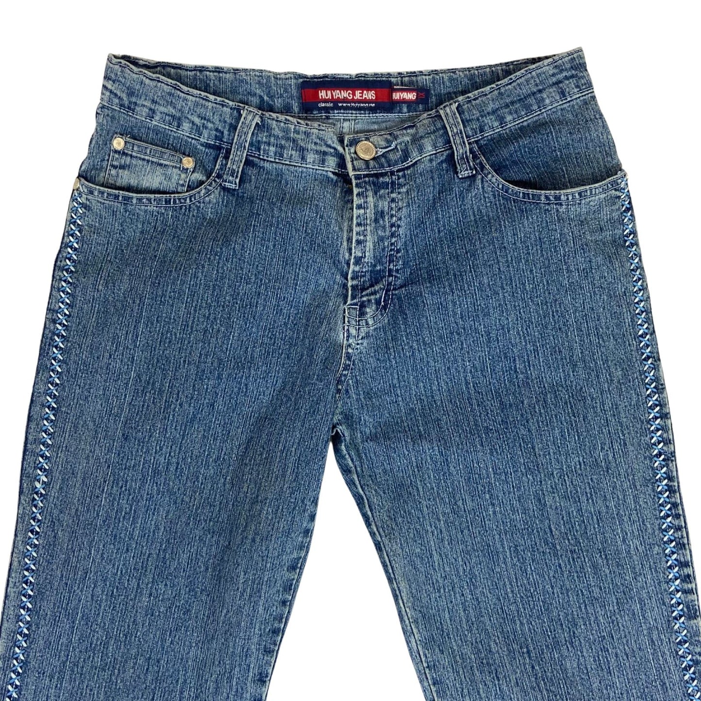 Vintage 90s Y2K Blue Washed Denim Embroidered Flared Mid Rise Jeans 12 14 M