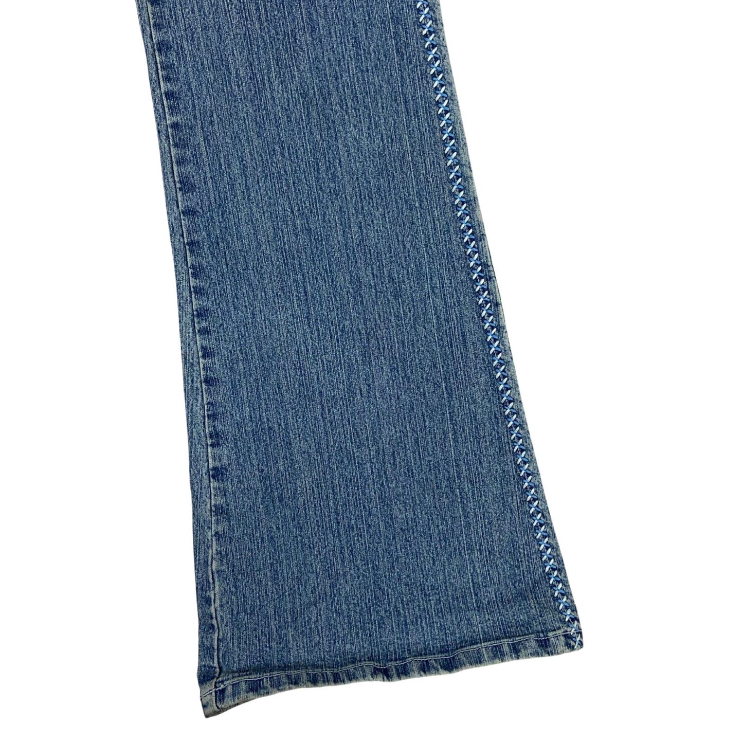 Vintage 90s Y2K Blue Washed Denim Embroidered Flared Mid Rise Jeans 12 14 M