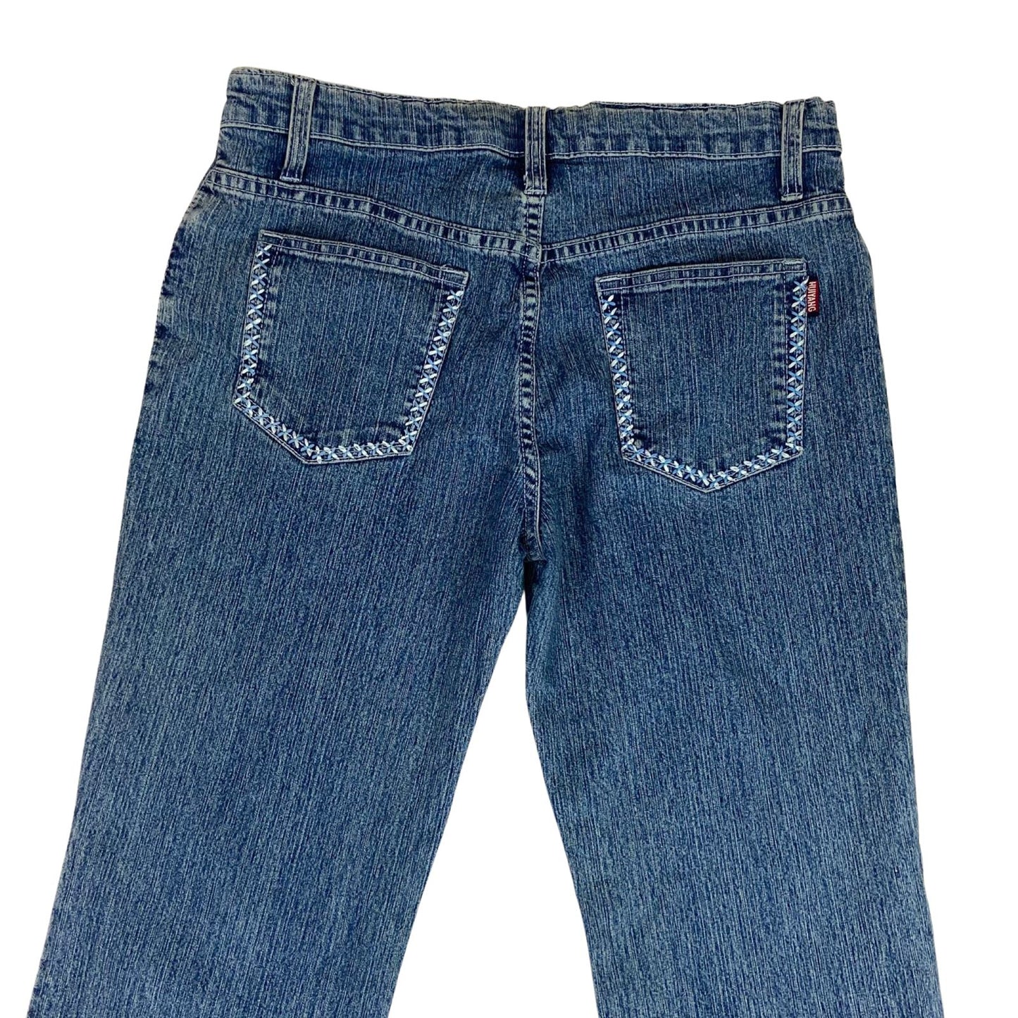 Vintage 90s Y2K Blue Washed Denim Embroidered Flared Mid Rise Jeans 12 14 M