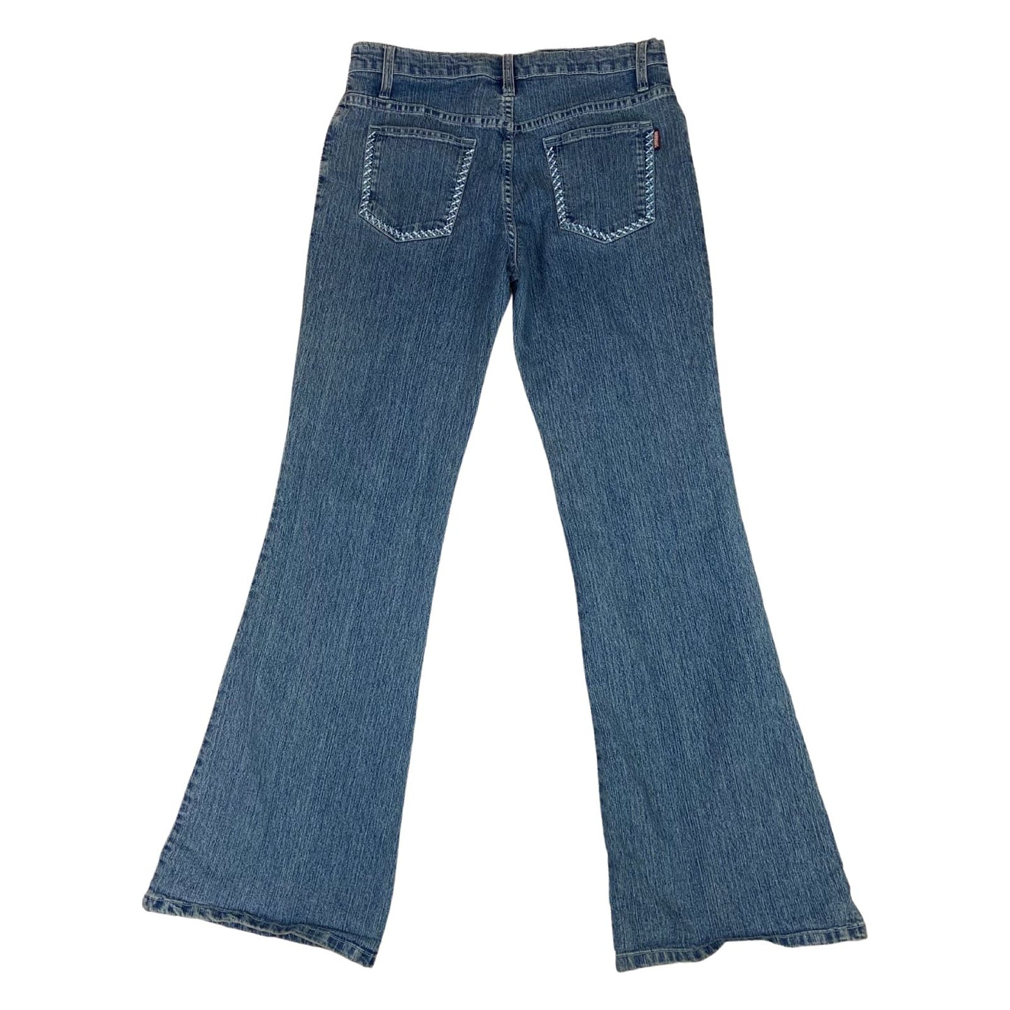 Vintage 90s Y2K Blue Washed Denim Embroidered Flared Mid Rise Jeans 12 14 M