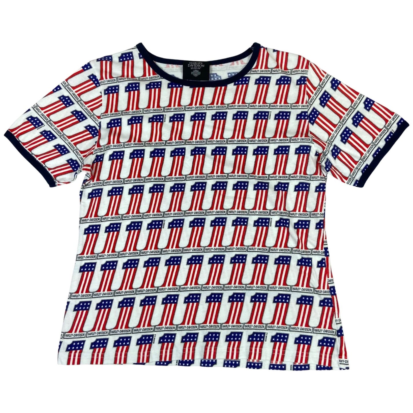 Preloved 2008 White Red Blue Harley Davidson Museum Graphic Flag Print T-shirt