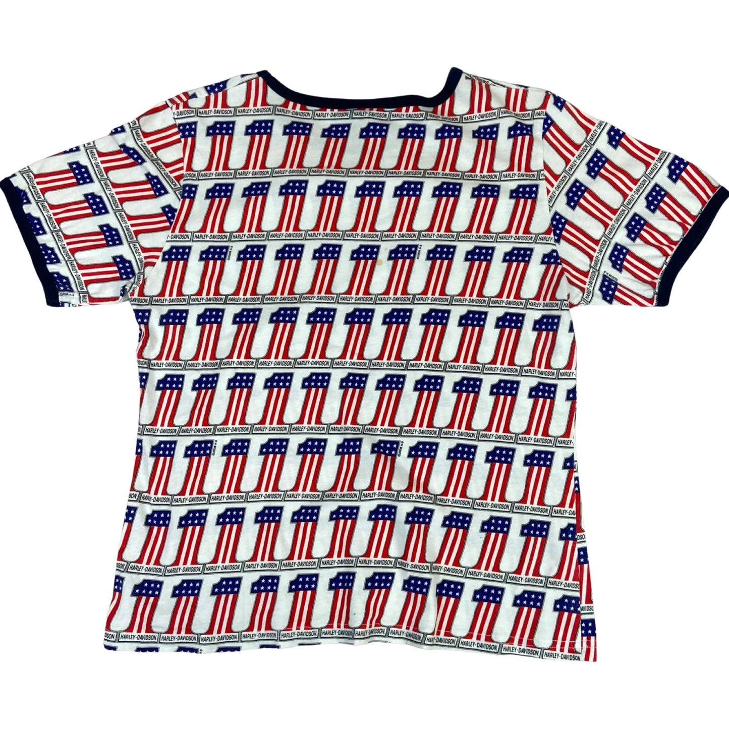 Preloved 2008 White Red Blue Harley Davidson Museum Graphic Flag Print T-shirt