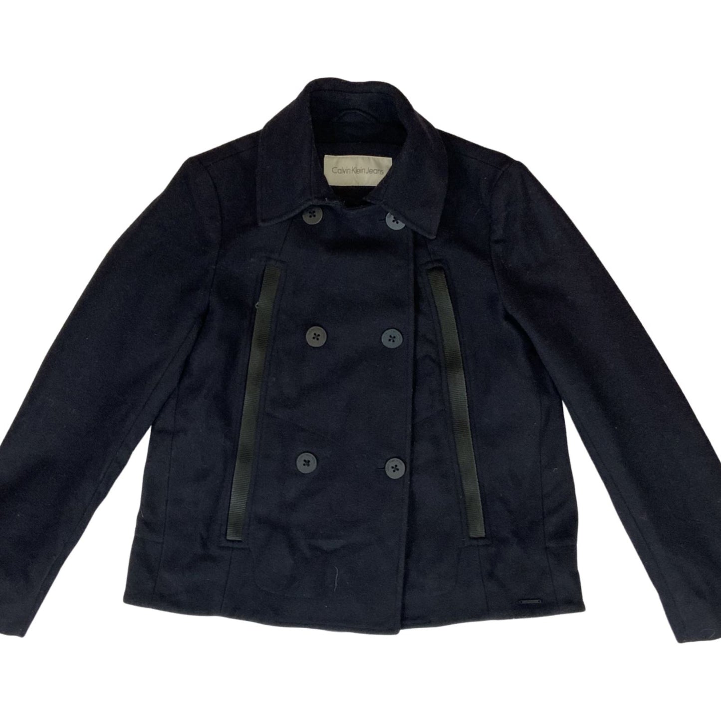Vintage 00s Navy Blue Calvin Klein Jeans Wool Double Breasted Coat 8 10 S