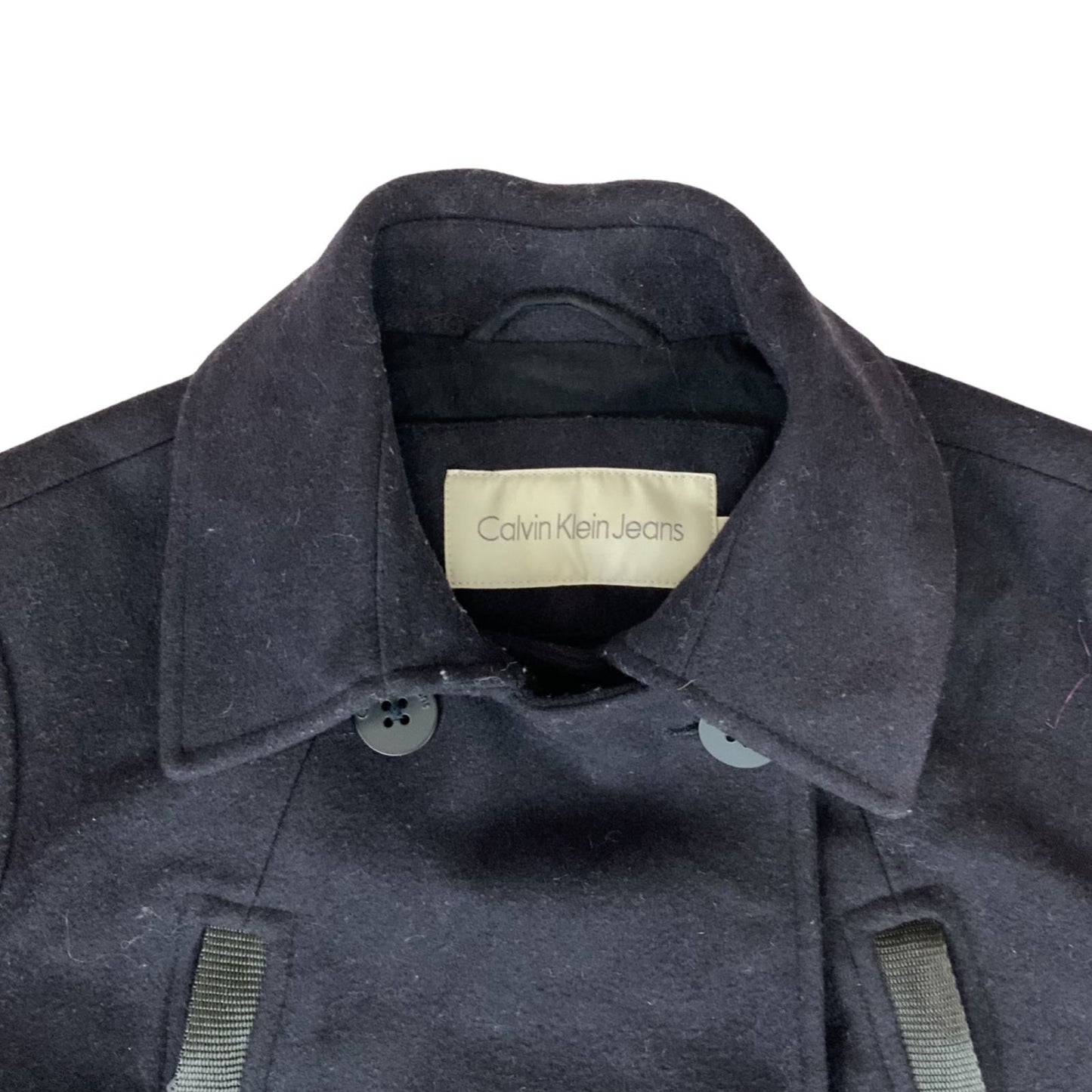 Vintage 00s Navy Blue Calvin Klein Jeans Wool Double Breasted Coat 8 10 S