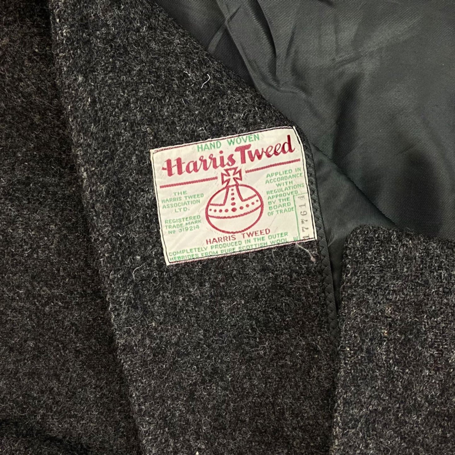 VTG 60s 70s GENUINE WOOL HARRIS TWEED MENS OVERCOAT DAPPER CHARCOAL 48 XL