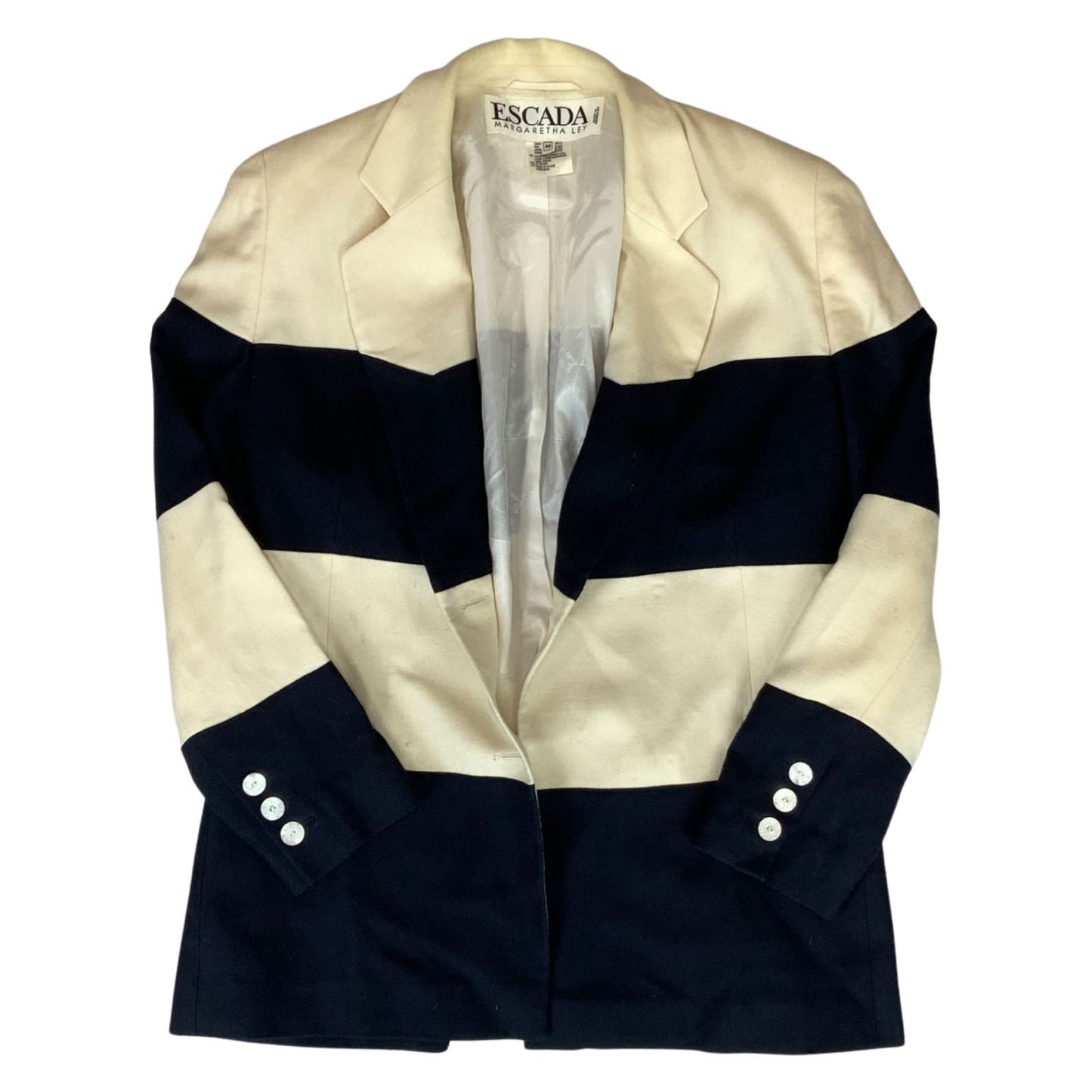 Vintage 80s Cream Black Escada Wool Silk Striped Blazer 12 14 M