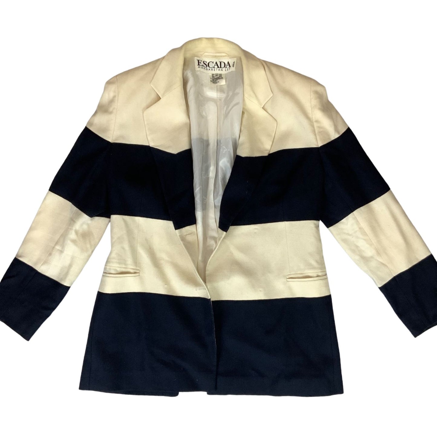 Vintage 80s Cream Black Escada Wool Silk Striped Blazer 12 14 M