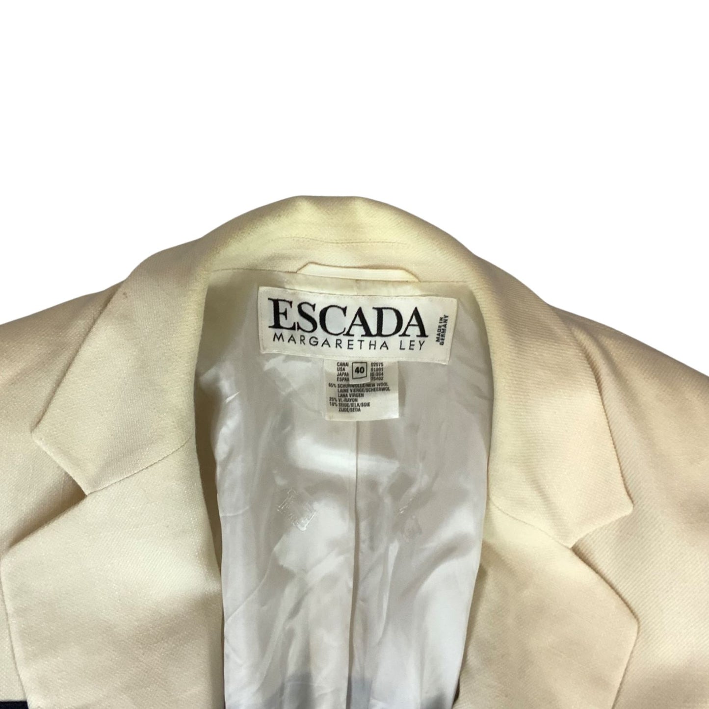 Vintage 80s Cream Black Escada Wool Silk Striped Blazer 12 14 M