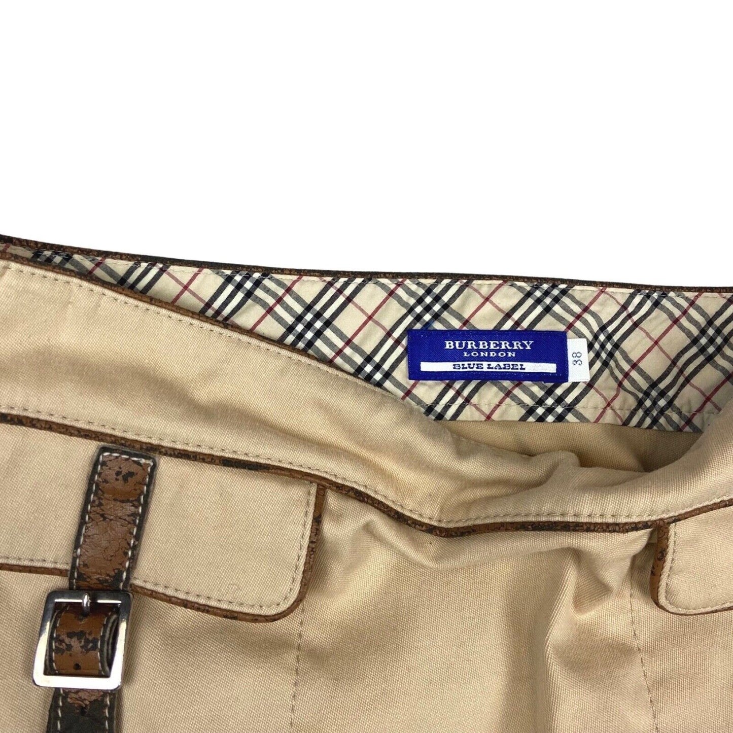 Vintage 90s 00s Beige Burberry Blue Label A-Line Skirt Buckled Nova Check S 8 10