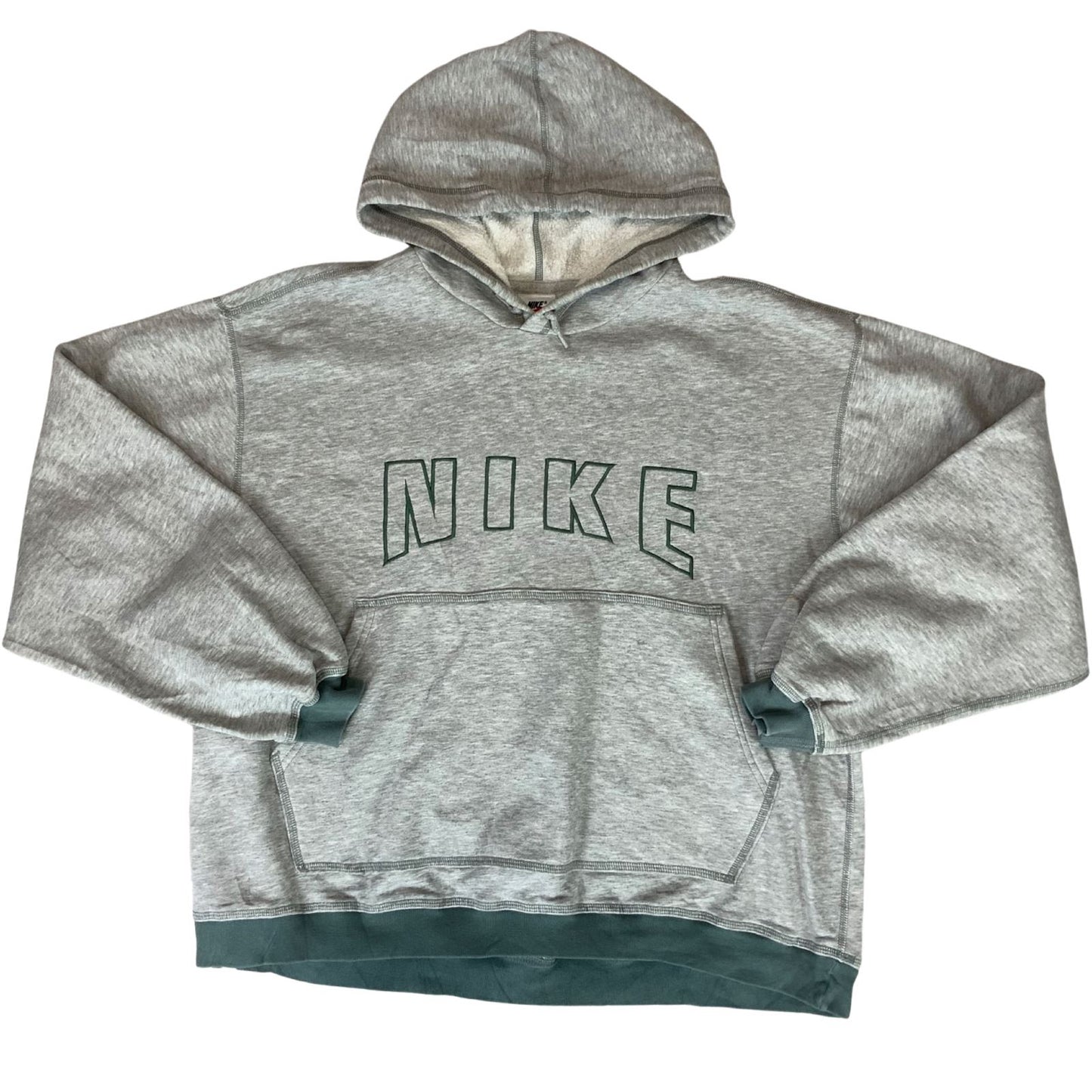 Vintage 90s Heather Grey Green Nike Spellout Embroidered Swoosh Hoodie Jumper XL