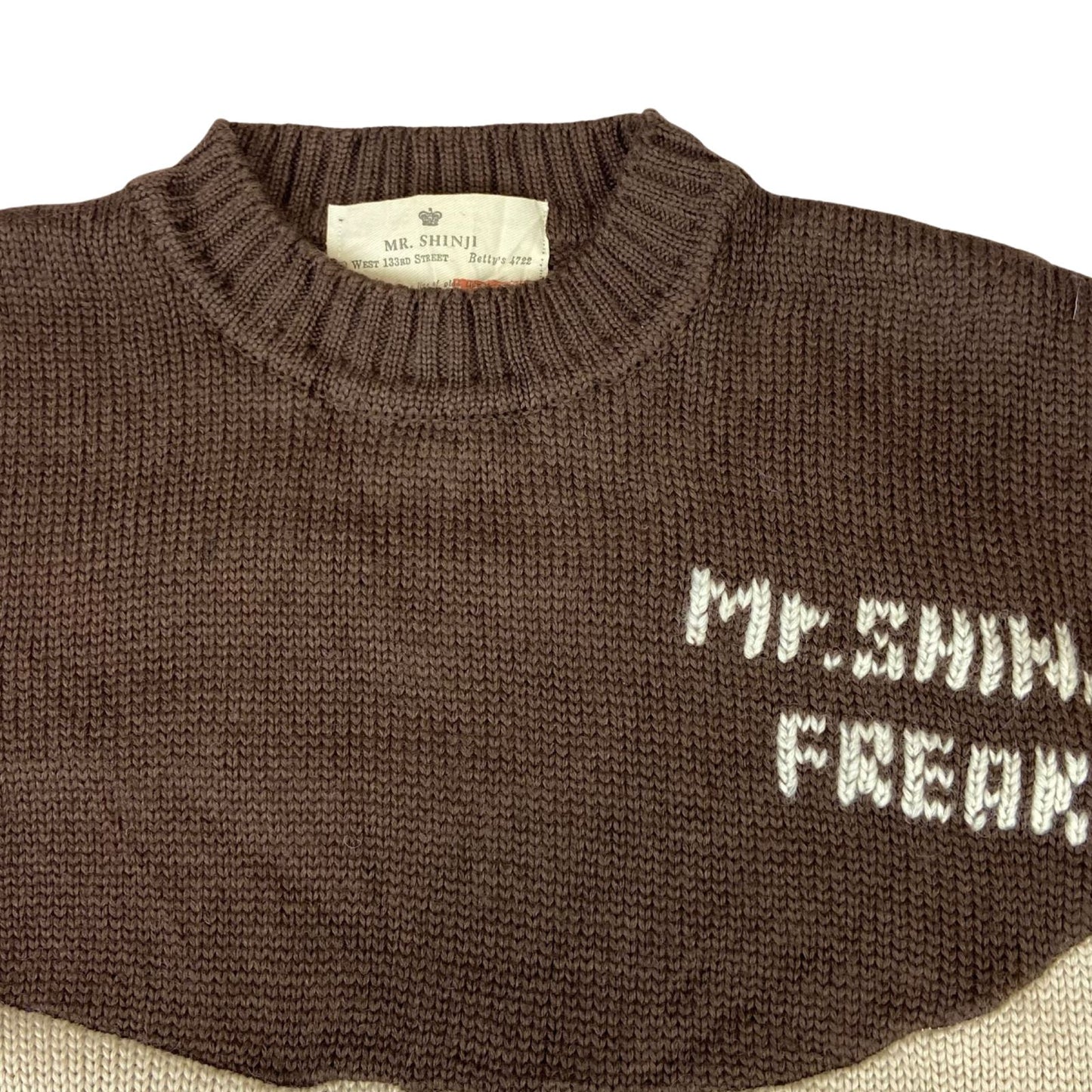 VTG 90s BROWN & BEIGE MR SHINJI FREAK CREW NECK KNIT JUMPER SWEATER JAPAN 42” L