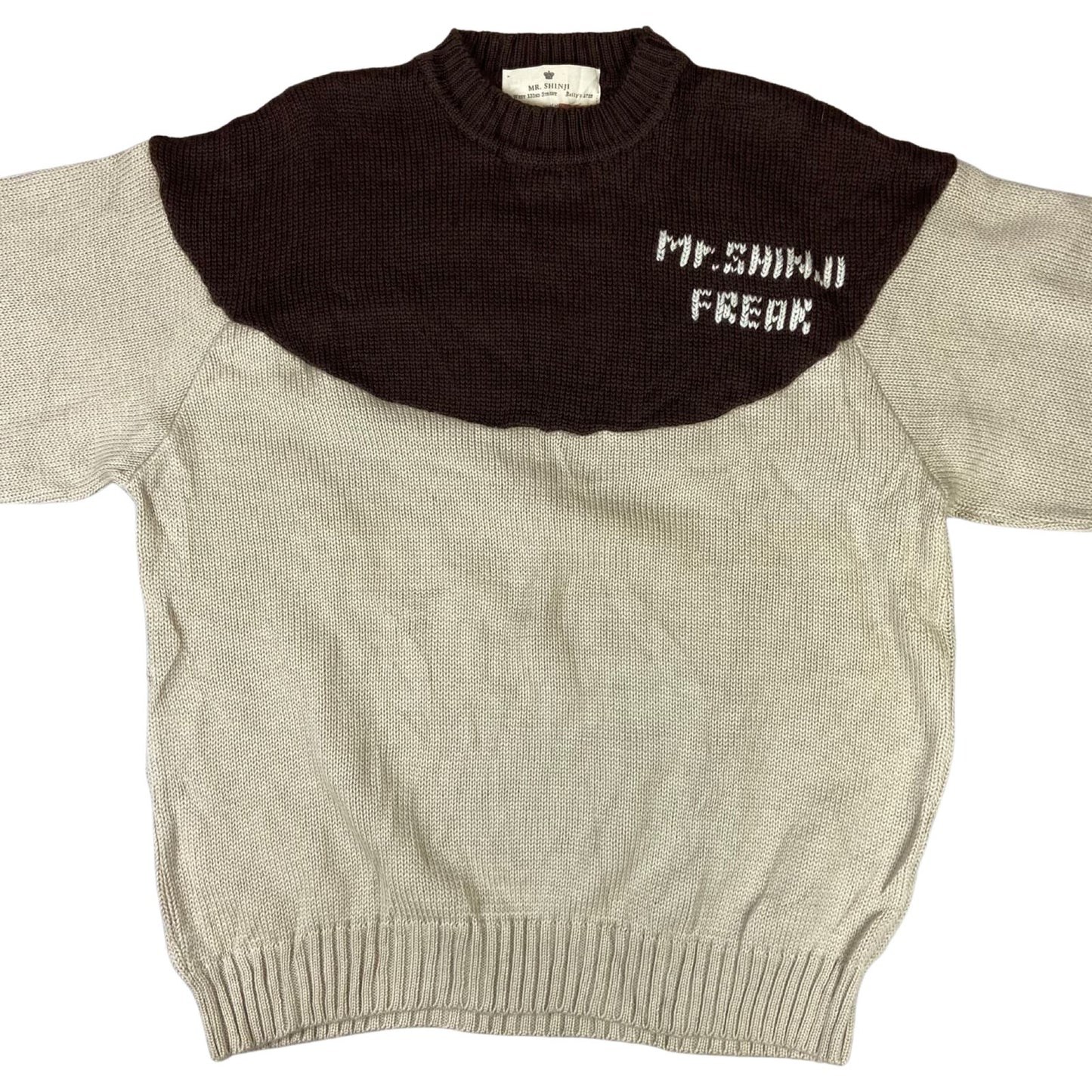 VTG 90s BROWN & BEIGE MR SHINJI FREAK CREW NECK KNIT JUMPER SWEATER JAPAN 42” L