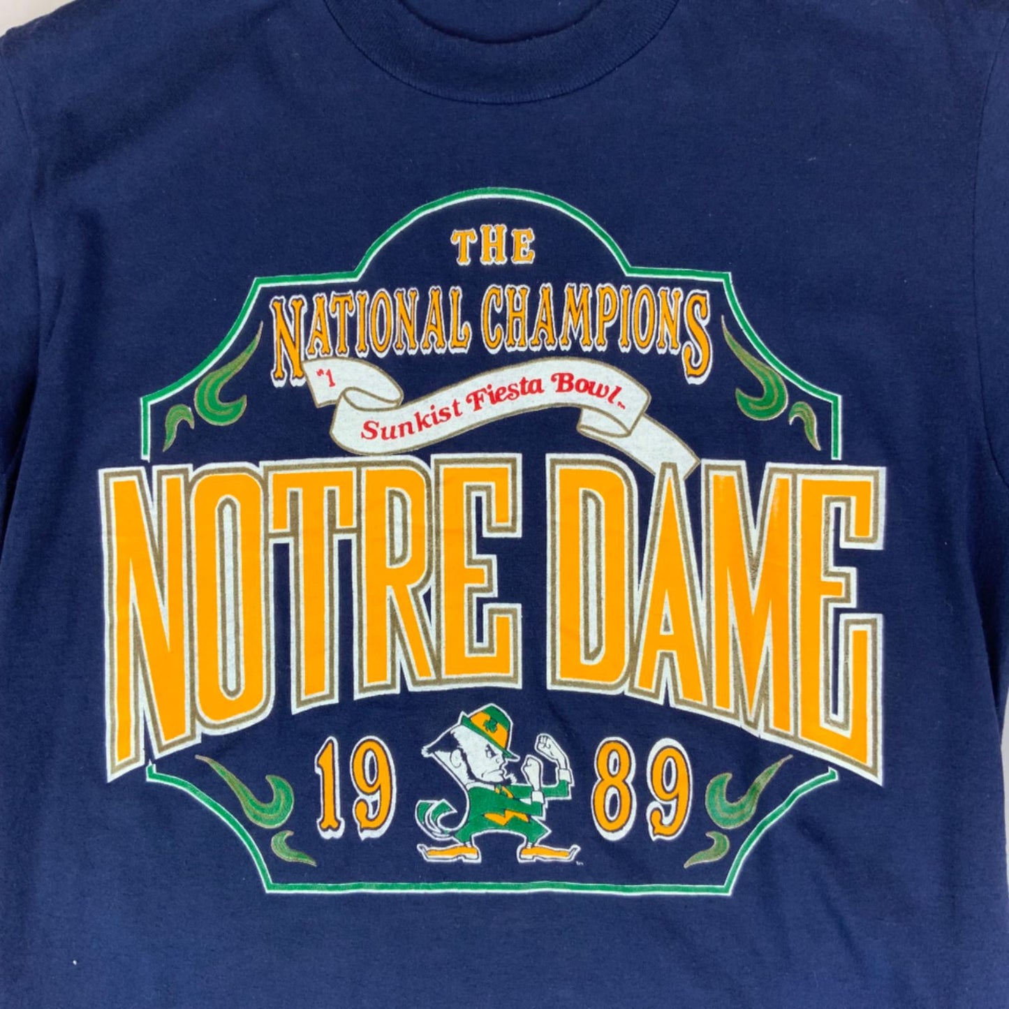 Vintage 1989 Navy Notre Dame Fighting Irish Football Sunkist Fiesta Bowl Tee M