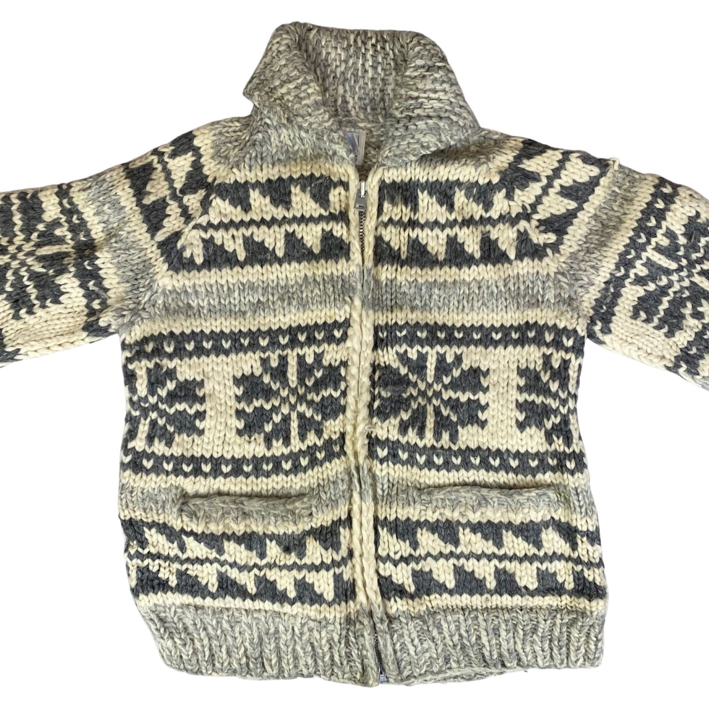 VTG NATIVE CANADIAN COWICHAN INDIAN HAND KNIT CARDIGAN ROCKABILLY HOT ROD 36” S