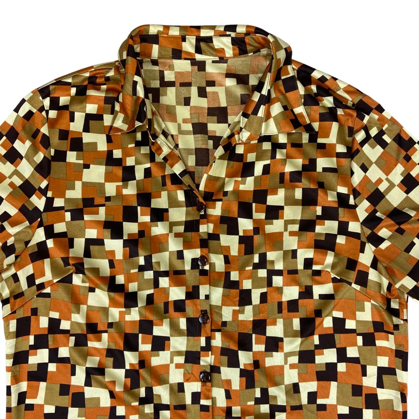 Vintage 90s Orange Brown Geometric Pattern Fitted Button Up Blouse Shirt M 12 14