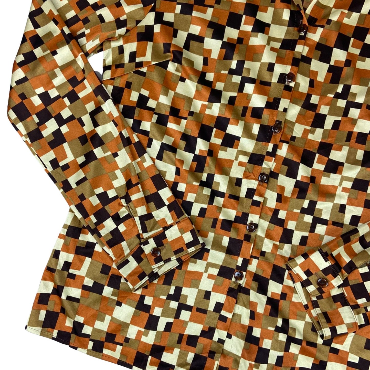 Vintage 90s Orange Brown Geometric Pattern Fitted Button Up Blouse Shirt M 12 14