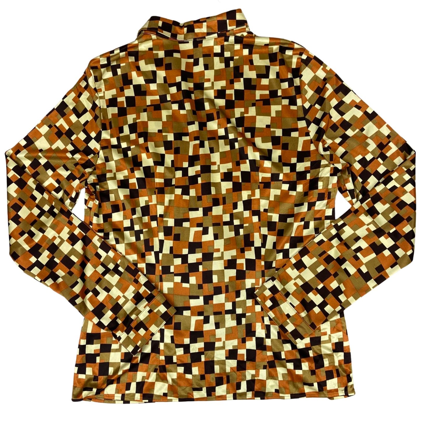 Vintage 90s Orange Brown Geometric Pattern Fitted Button Up Blouse Shirt M 12 14