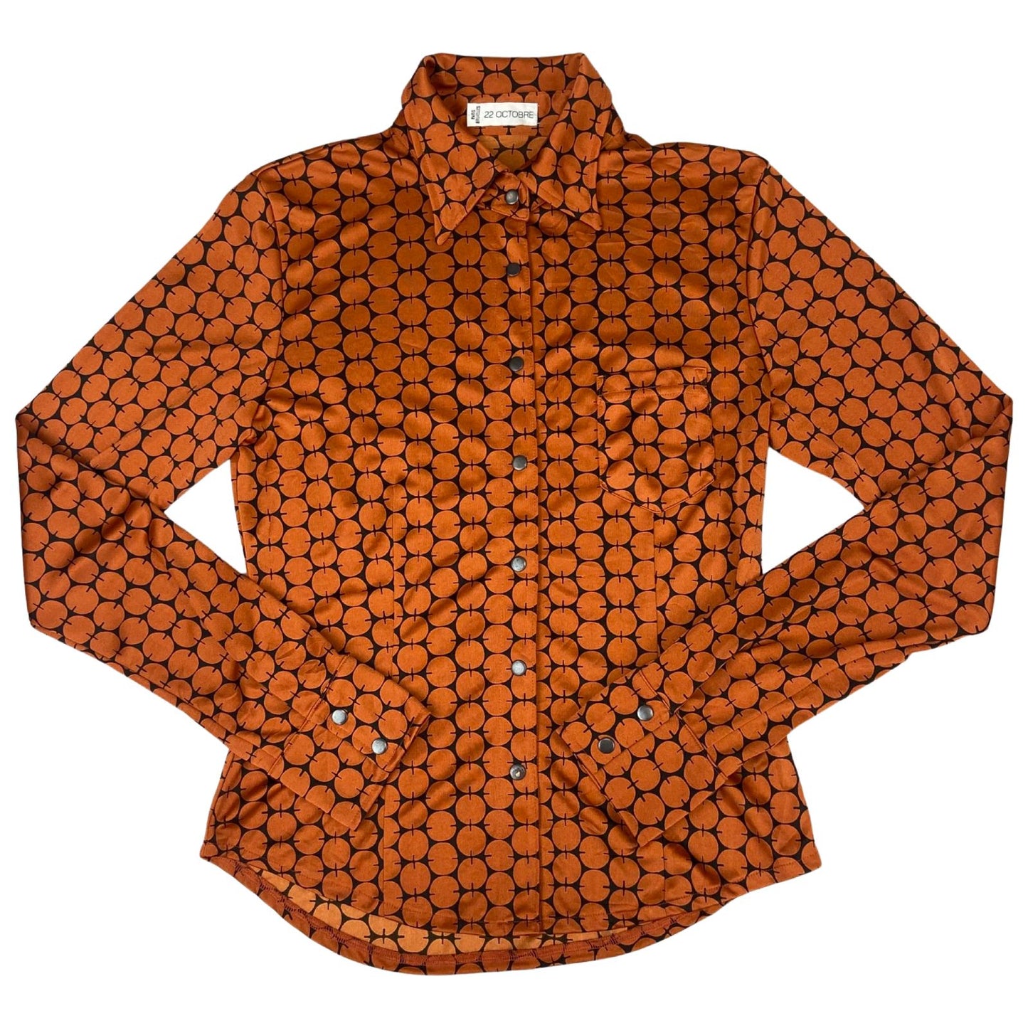 Vintage 90s Orange Black 22 Octobre Patterned Button Up Blouse Shirt Top S 8/10
