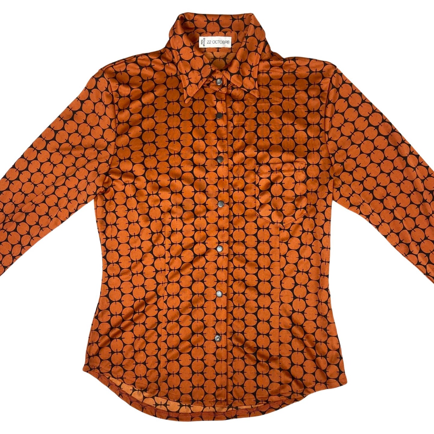 Vintage 90s Orange Black 22 Octobre Patterned Button Up Blouse Shirt Top S 8/10