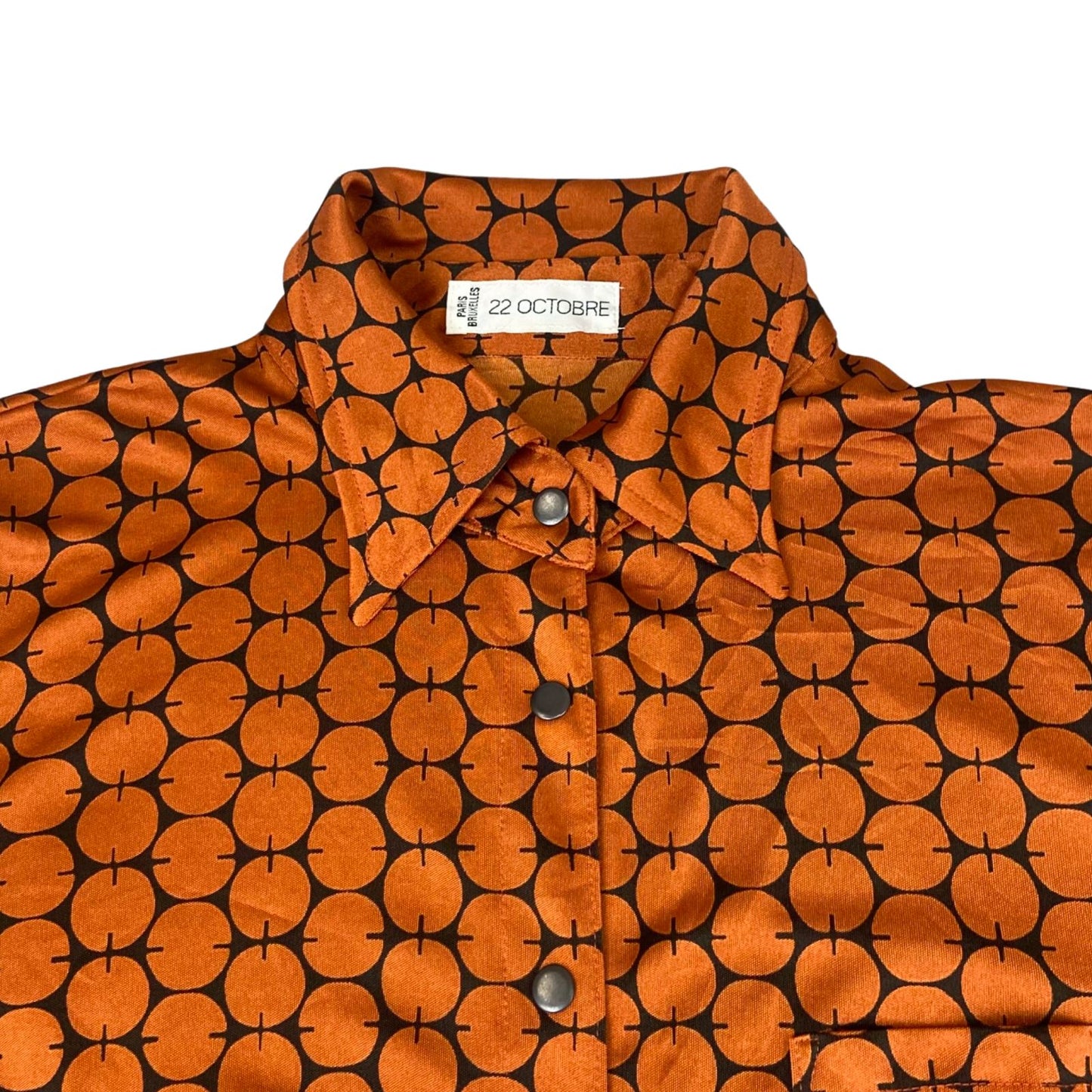 Vintage 90s Orange Black 22 Octobre Patterned Button Up Blouse Shirt Top S 8/10