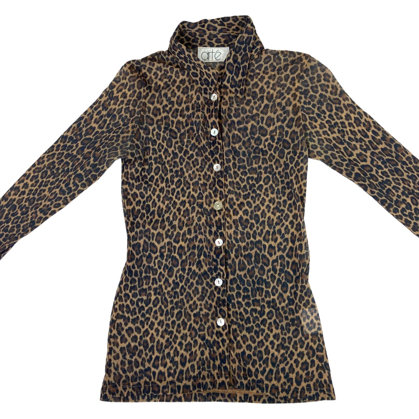 Vintage 90s Brown Black Leopard Print Mesh Party Disco Blouse 8 10 S