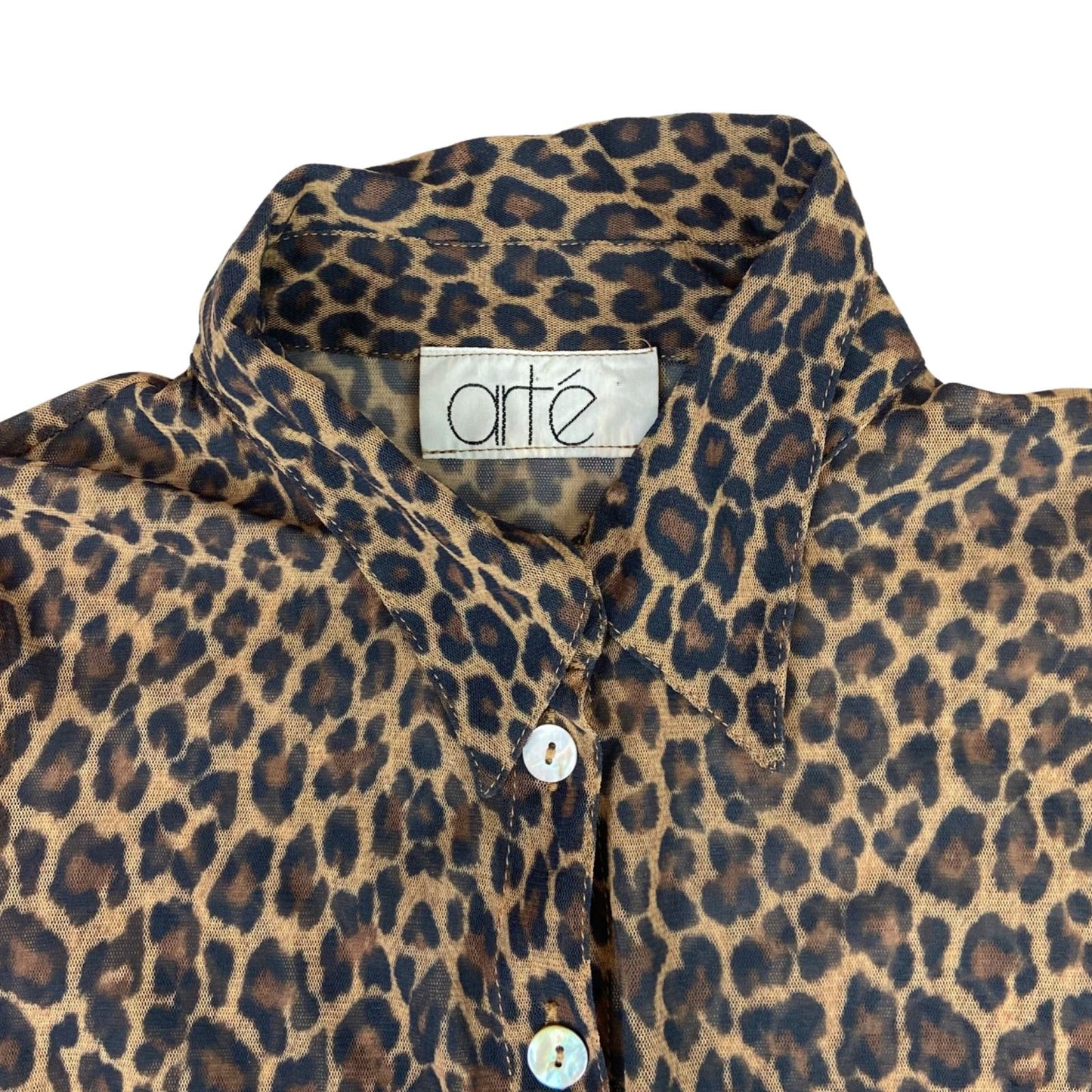 Vintage 90s Brown Black Leopard Print Mesh Party Disco Blouse 8 10 S