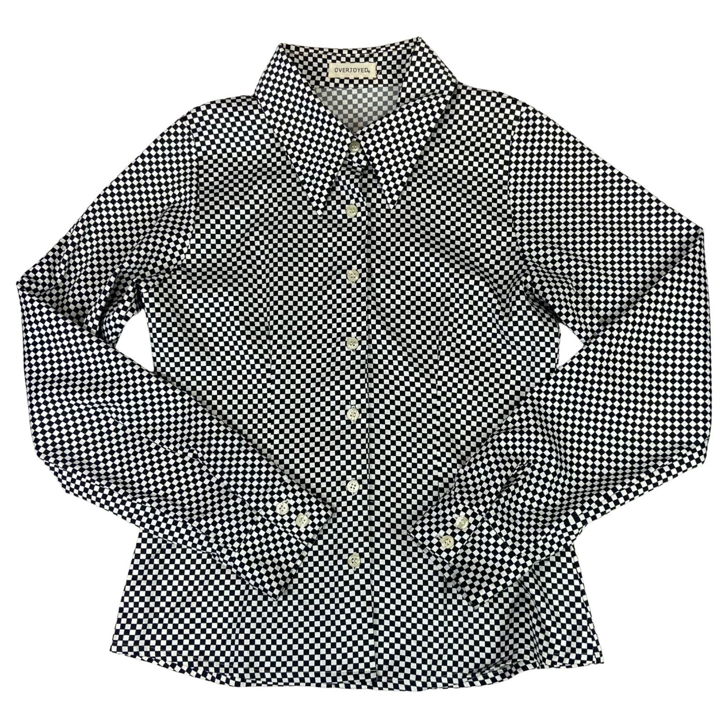 Vintage 90s White Black Overjoyed Chequered Button UP Blouse Shirt Top S 8/10