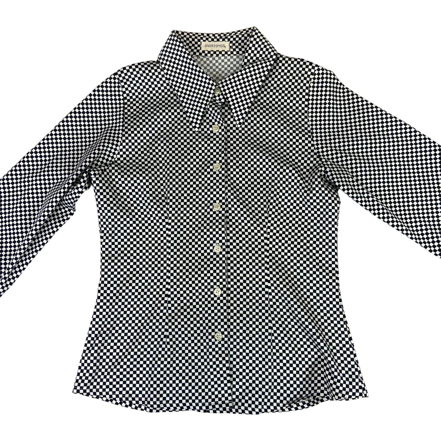 Vintage 90s White Black Overjoyed Chequered Button UP Blouse Shirt Top S 8/10