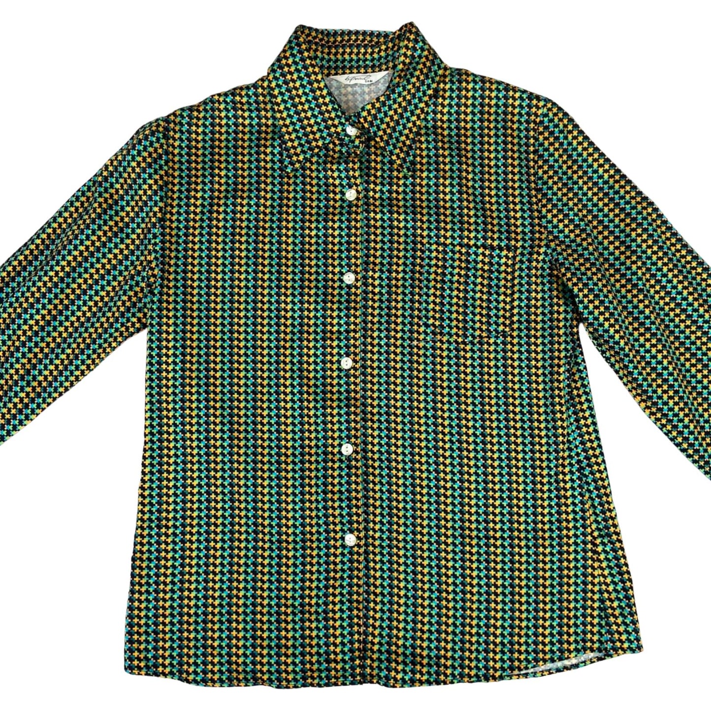 Vintage 90s Green Blue Black Geometric Pattern Fun Blouse 8 10 S