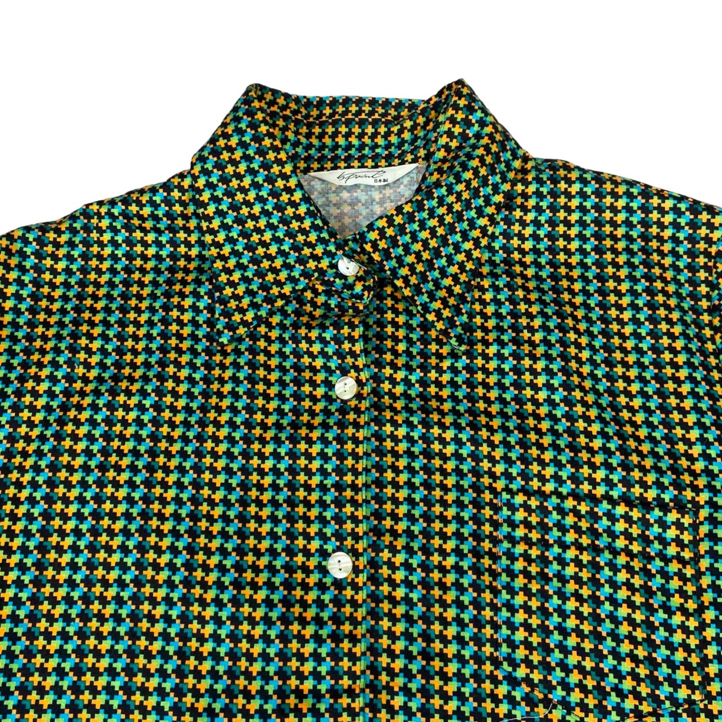 Vintage 90s Green Blue Black Geometric Pattern Fun Blouse 8 10 S