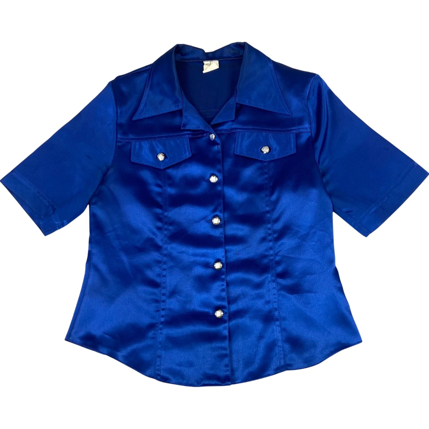 Vintage 90s Blue Short Sleeved Button Up Blouse Shirt Top Silk/Satin Feel M 1214