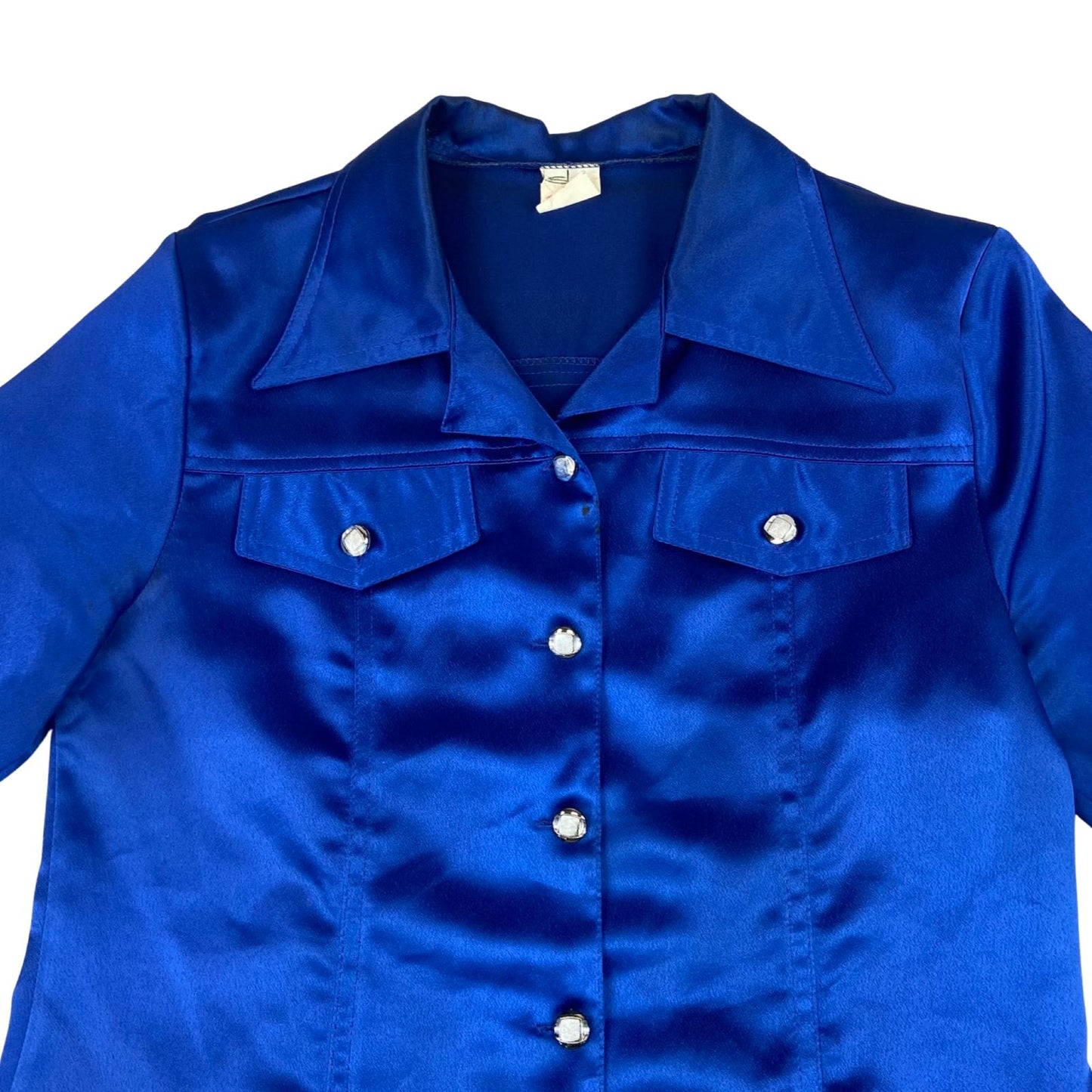 Vintage 90s Blue Short Sleeved Button Up Blouse Shirt Top Silk/Satin Feel M 1214