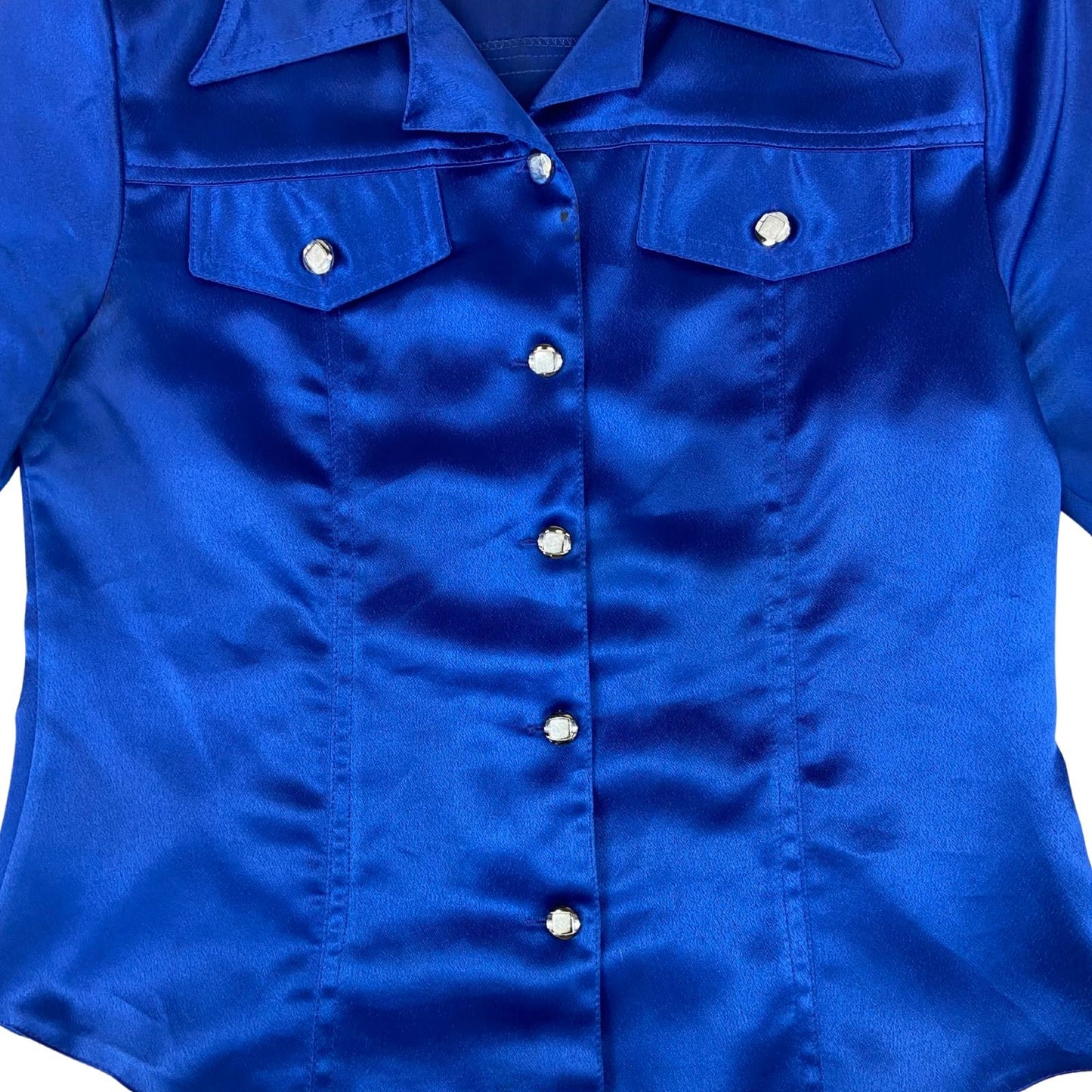 Vintage 90s Blue Short Sleeved Button Up Blouse Shirt Top Silk/Satin Feel M 1214