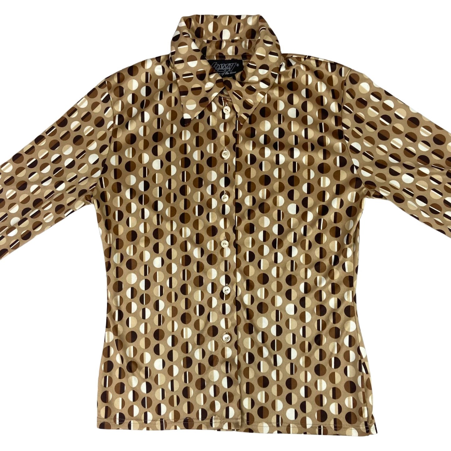 Vintage 90s Brown Lorsay Geometric Tonal Pattern Button Up Blouse Shirt Top S