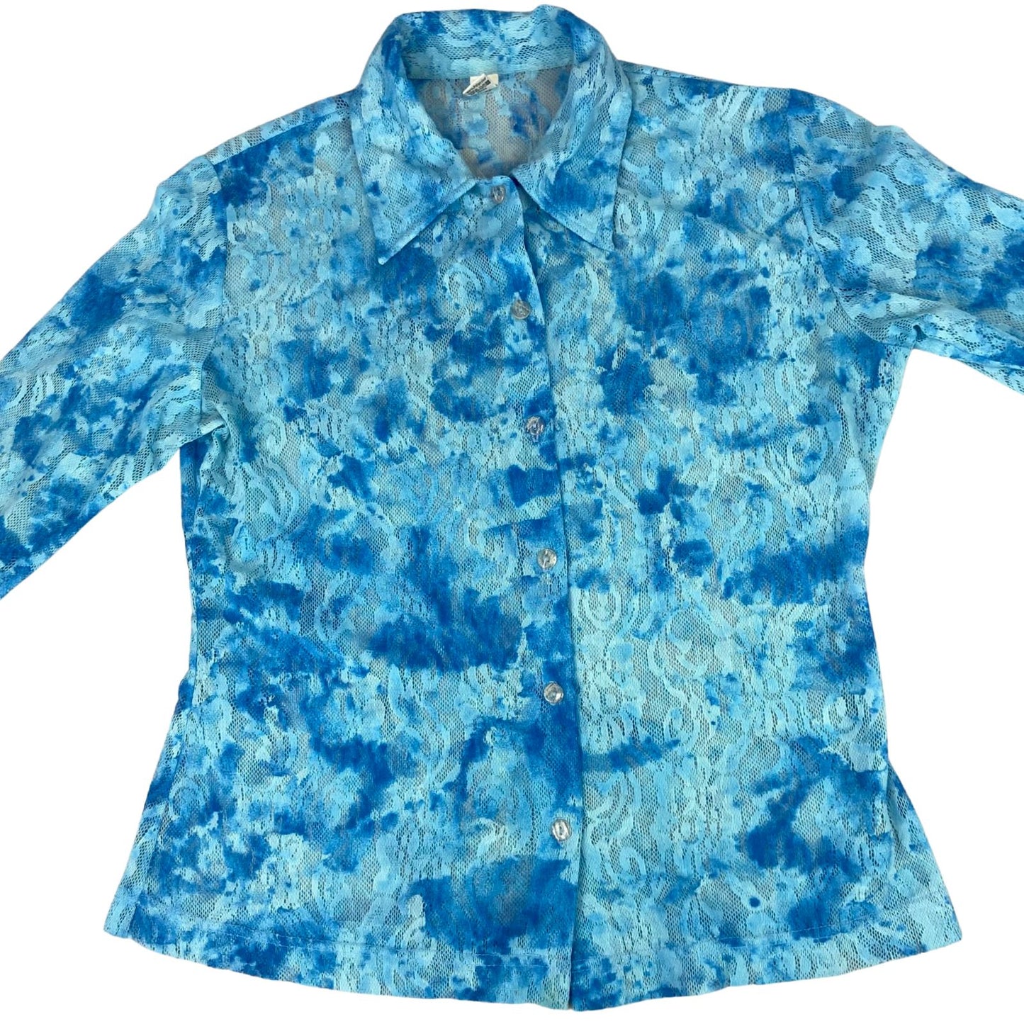 Vintage 90s Blue Tie Dye Lace Mesh Sheer Button Up Blouse Shirt Top L 16