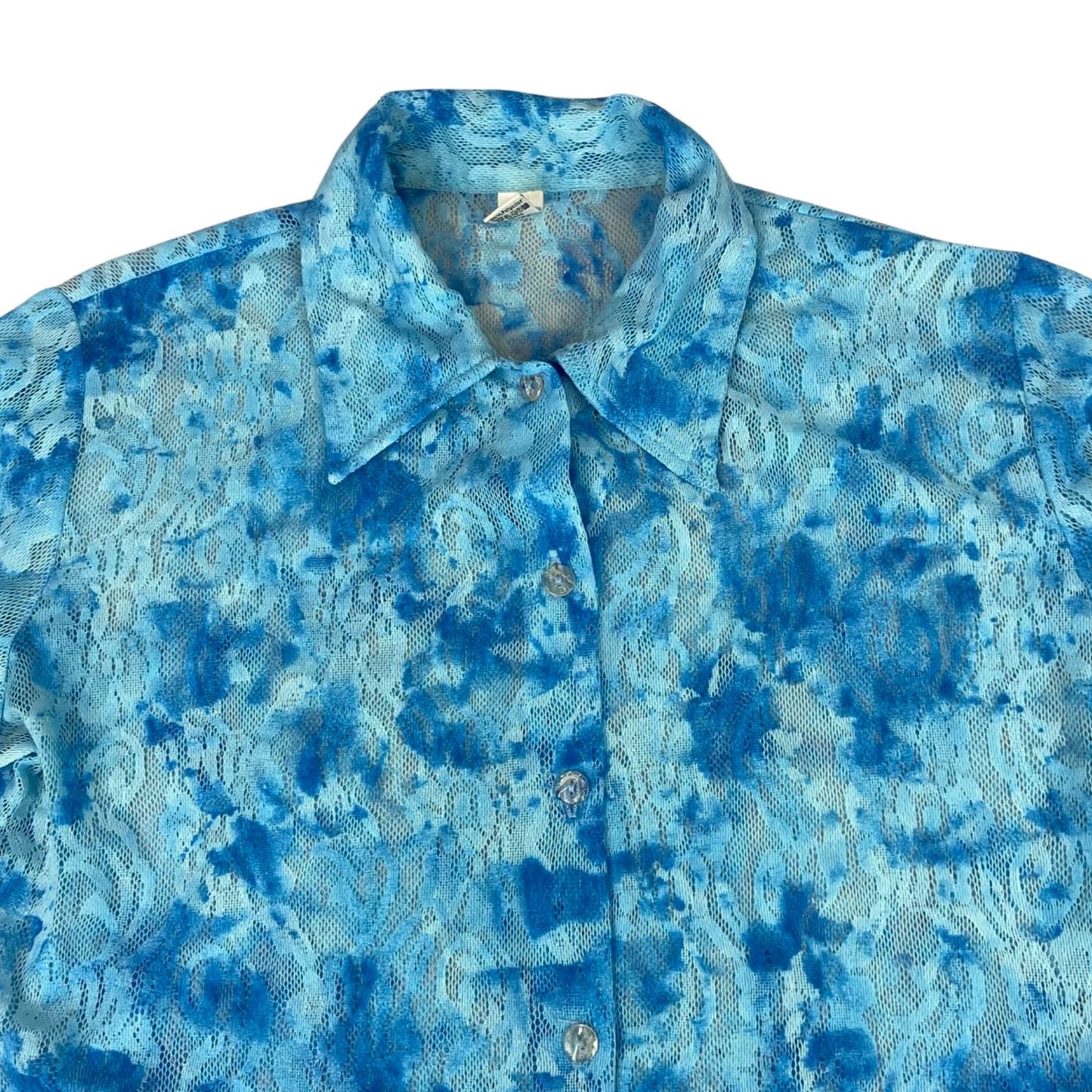 Vintage 90s Blue Tie Dye Lace Mesh Sheer Button Up Blouse Shirt Top L 16