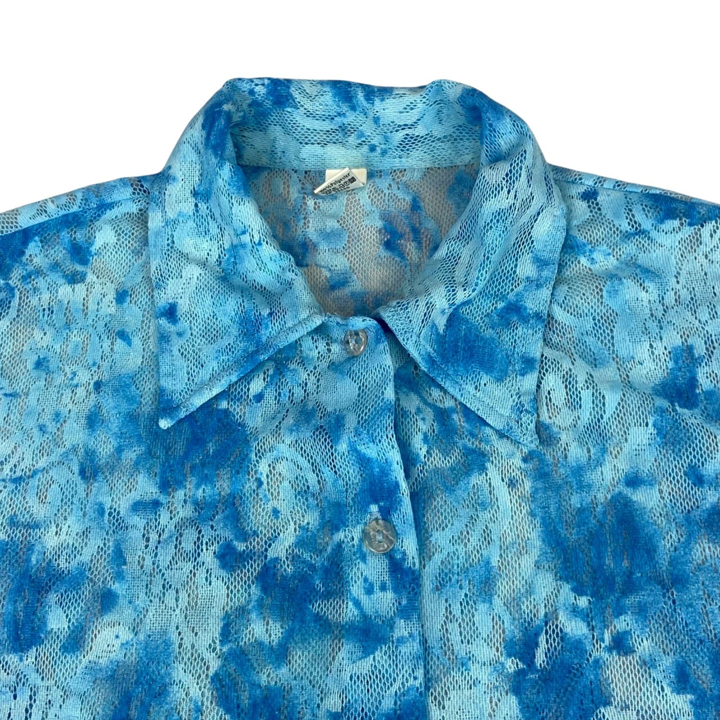 Vintage 90s Blue Tie Dye Lace Mesh Sheer Button Up Blouse Shirt Top L 16