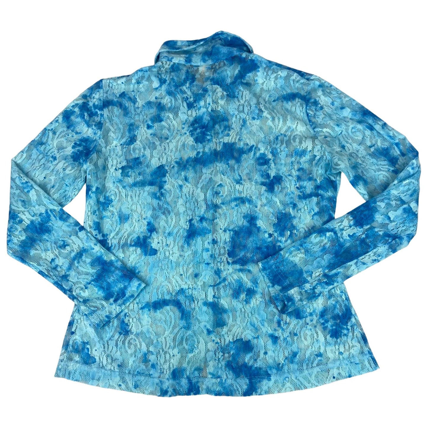 Vintage 90s Blue Tie Dye Lace Mesh Sheer Button Up Blouse Shirt Top L 16
