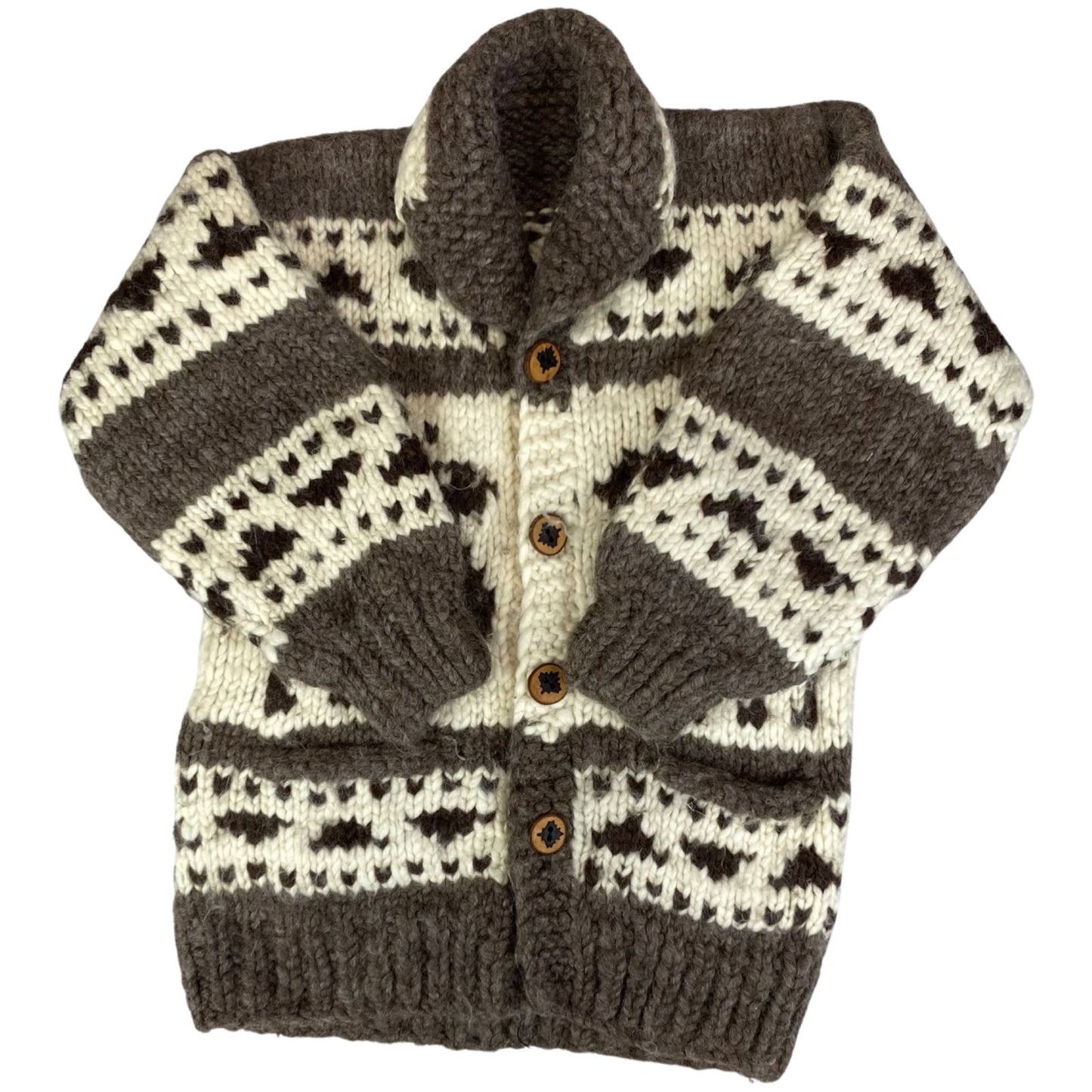 VTG NATIVE CANADIAN COWICHAN INDIAN HAND KNIT CARDIGAN ROCKABILLY HOT ROD S 38”
