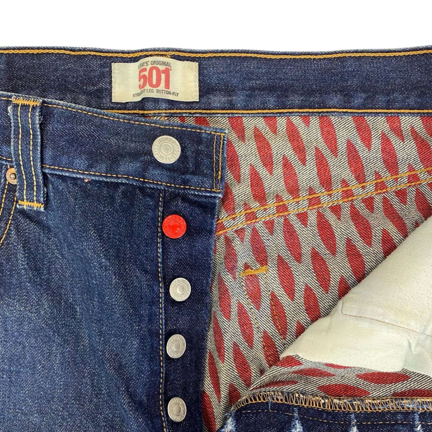 VTG LTD EDITION FACTORY LEAF SCREEN PRINTED LEVIS 501 INDIGO JEANS 34W 34L