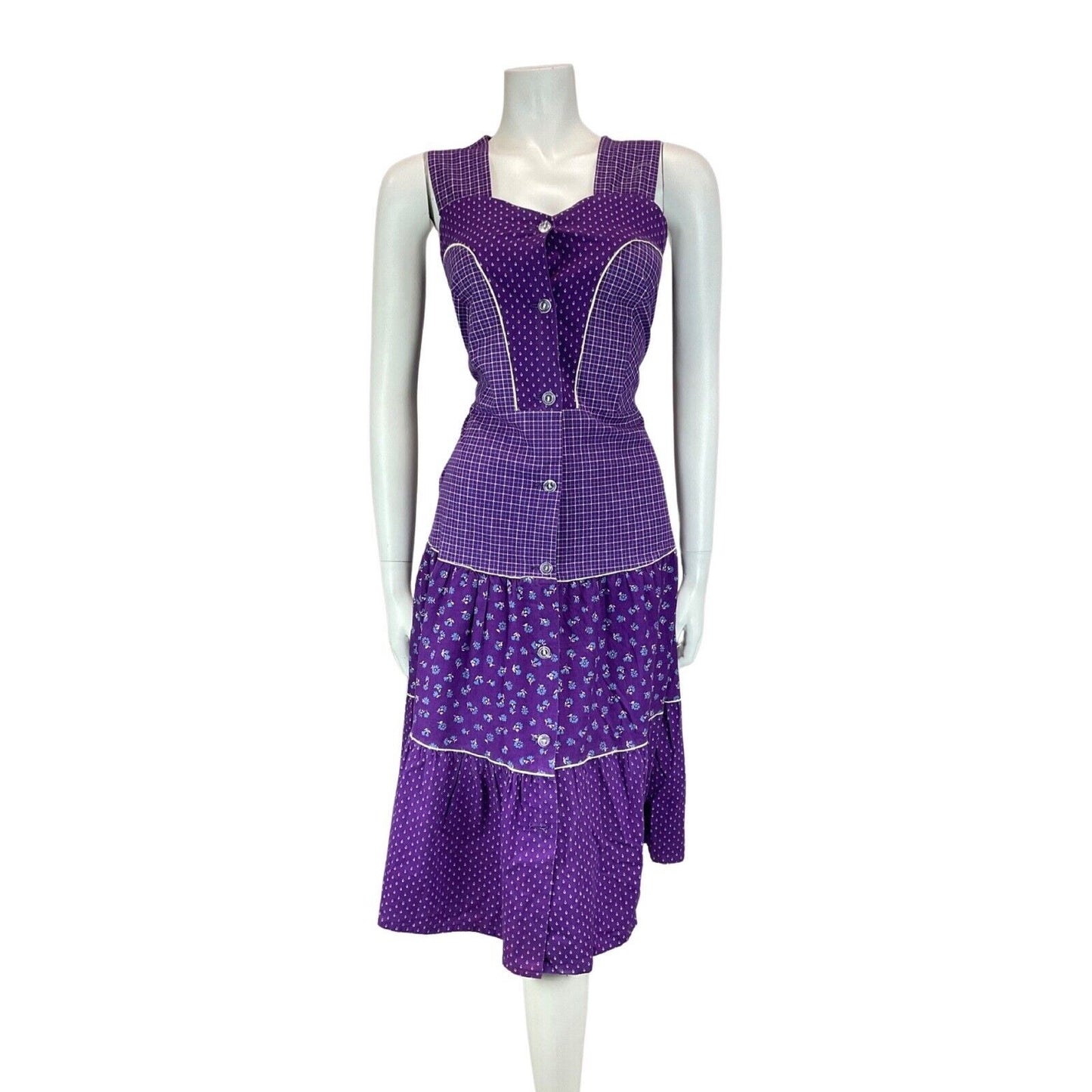 Vintage 90s 70s Style Purple White Prairie Floral Checked Midi Dress 8 10S