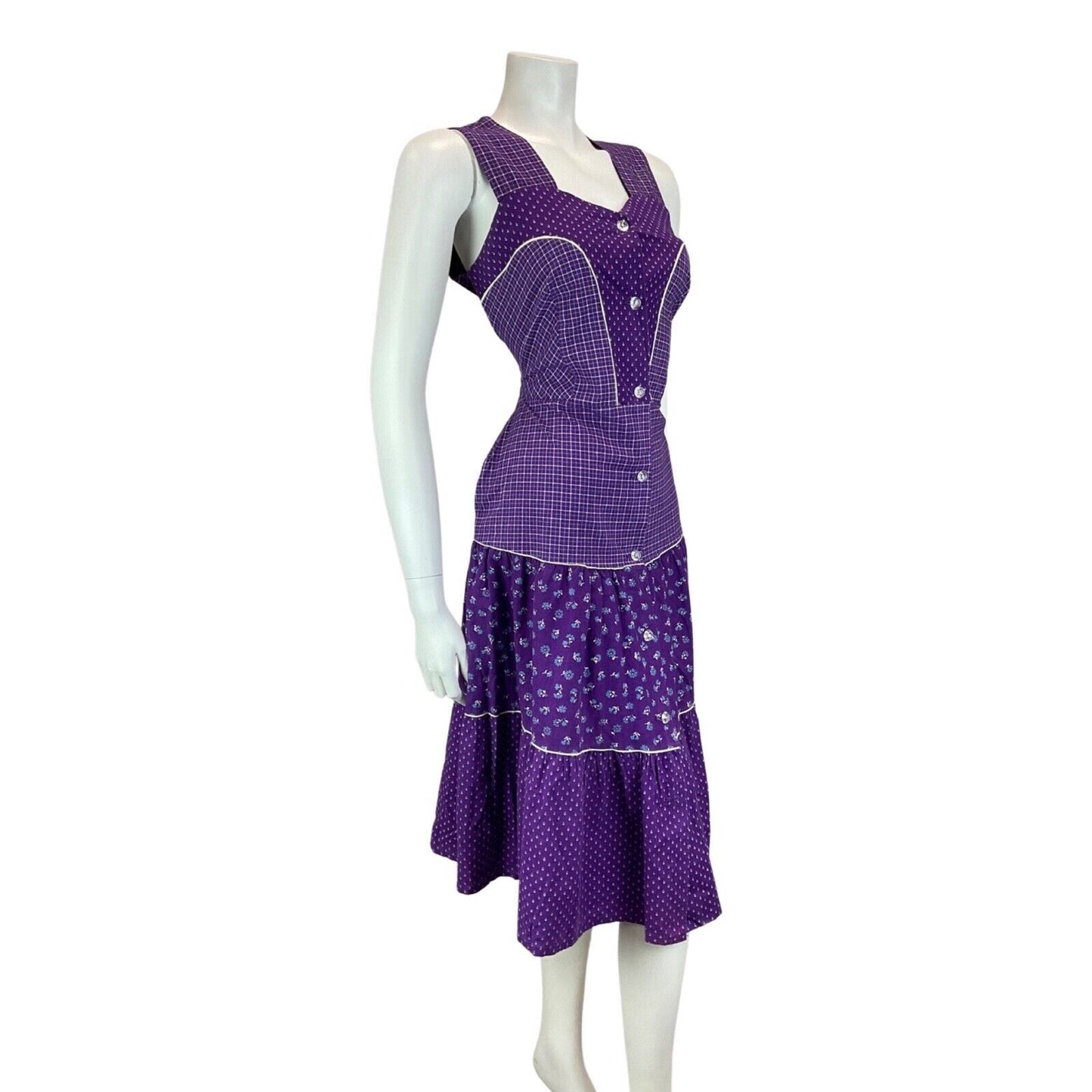 Vintage 90s 70s Style Purple White Prairie Floral Checked Midi Dress 8 10S