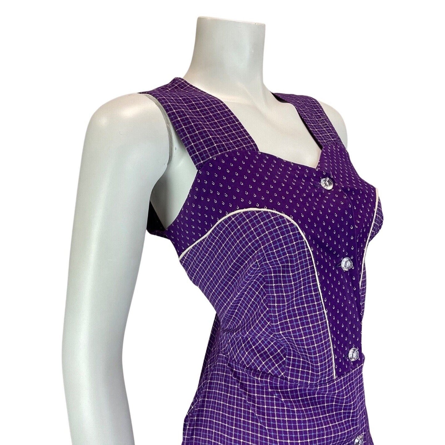 Vintage 90s 70s Style Purple White Prairie Floral Checked Midi Dress 8 10S