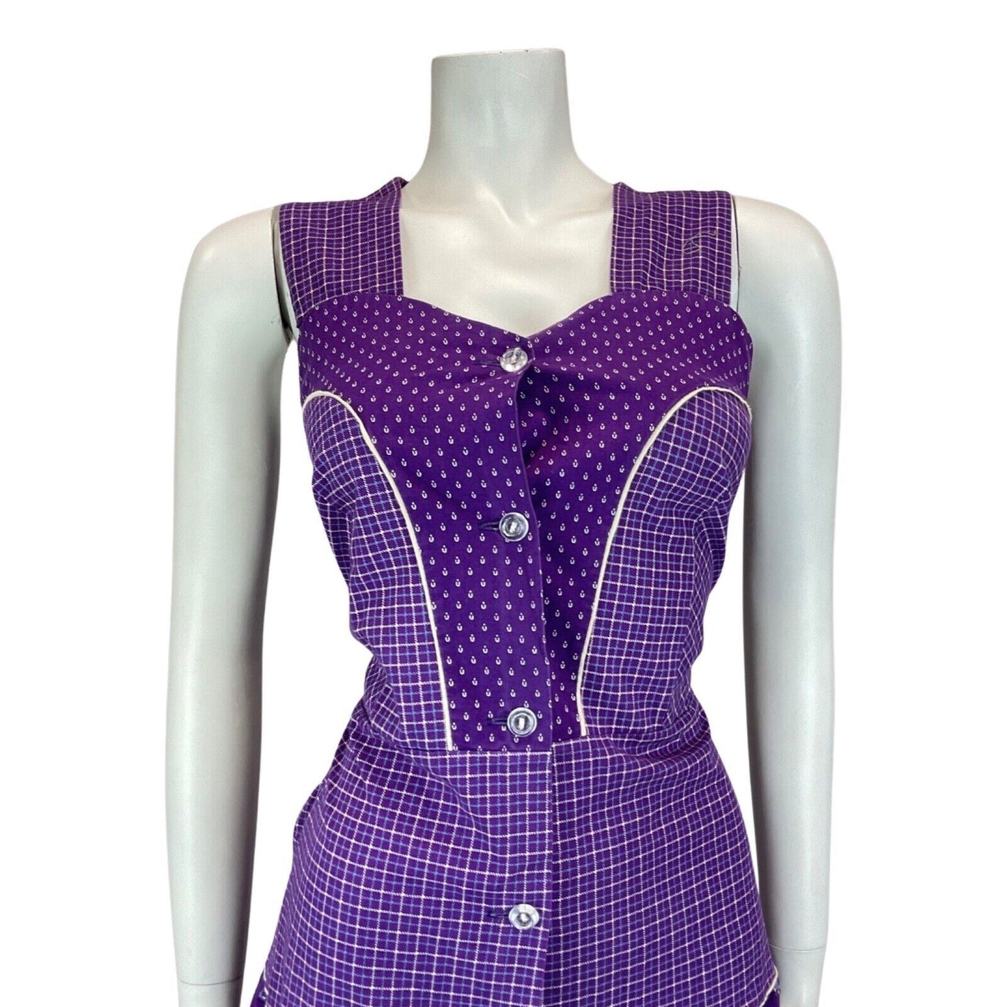 Vintage 90s 70s Style Purple White Prairie Floral Checked Midi Dress 8 10S